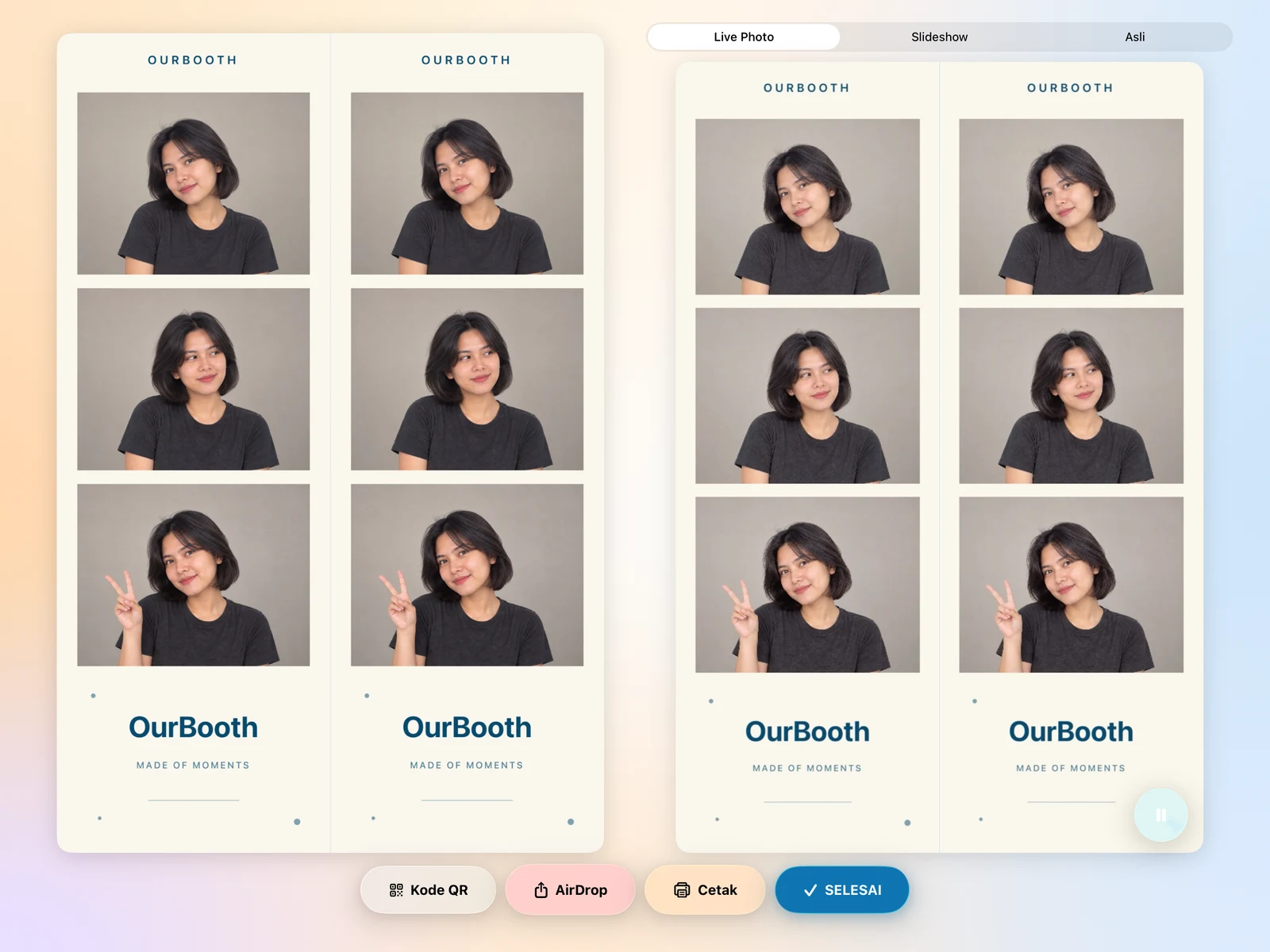 OurBooth photo results on iPad with native glass controls.